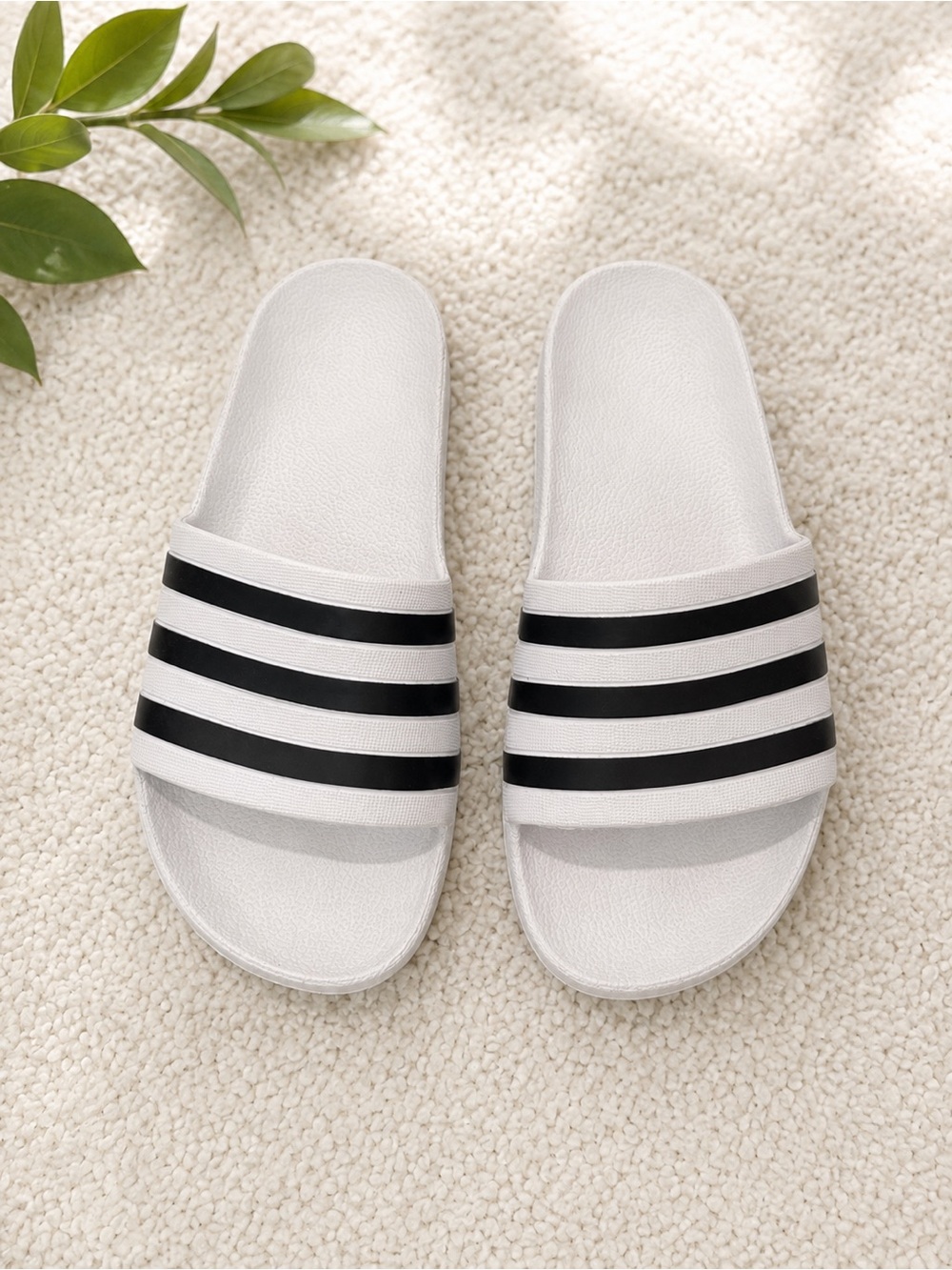 White adidas Slide Sandals with Black Stripes - Women